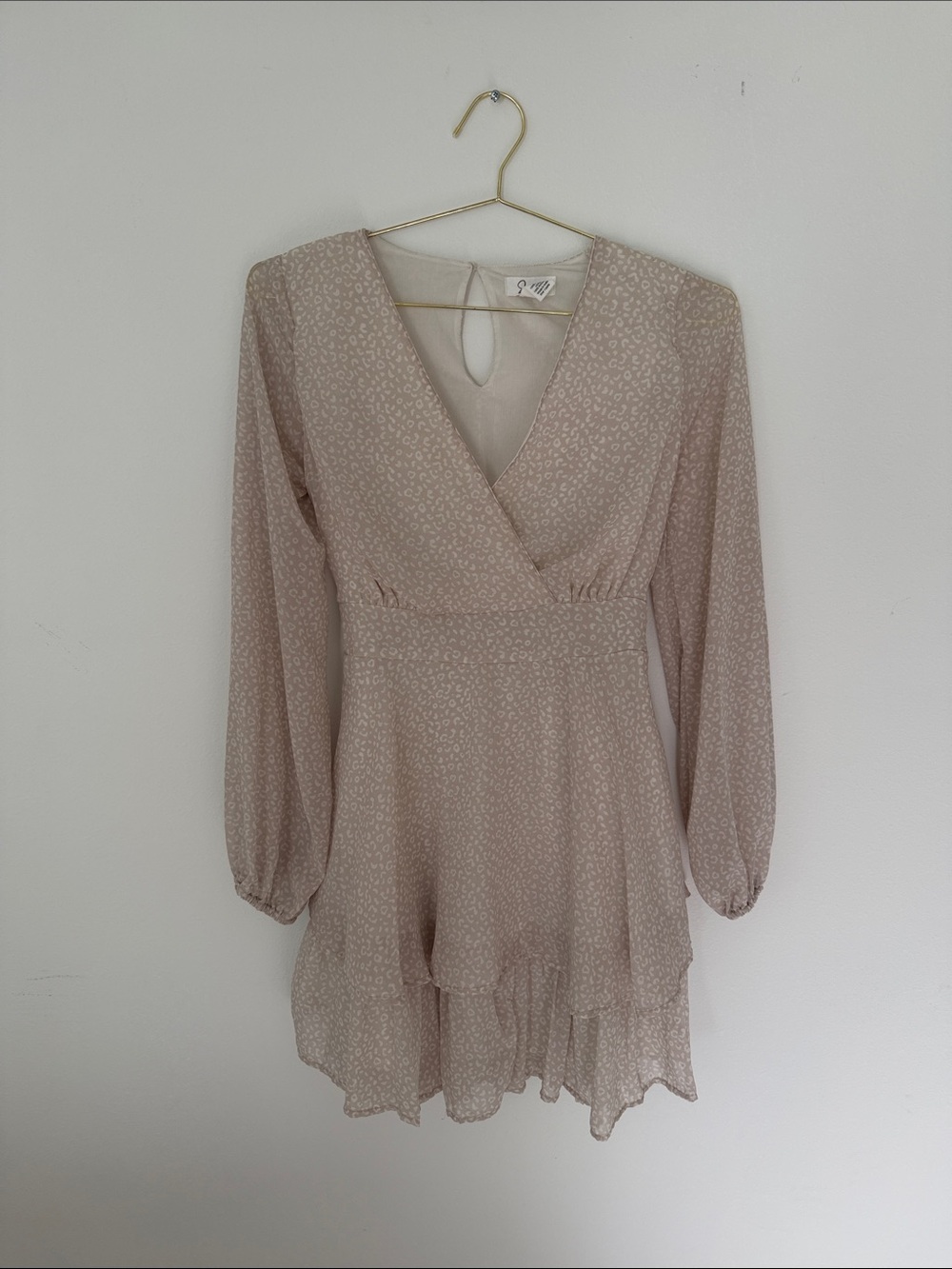 Japna Beige White Animal Print Print Long-Sleeve Wrap Mini Dress medium